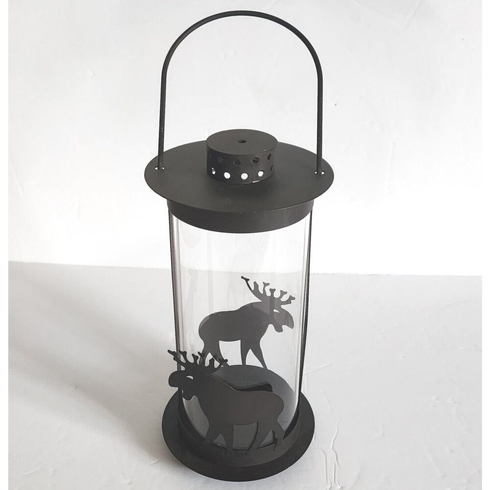 Rustic Moose Silhouette Lantern Candle Holder - Brown Metal with Handle